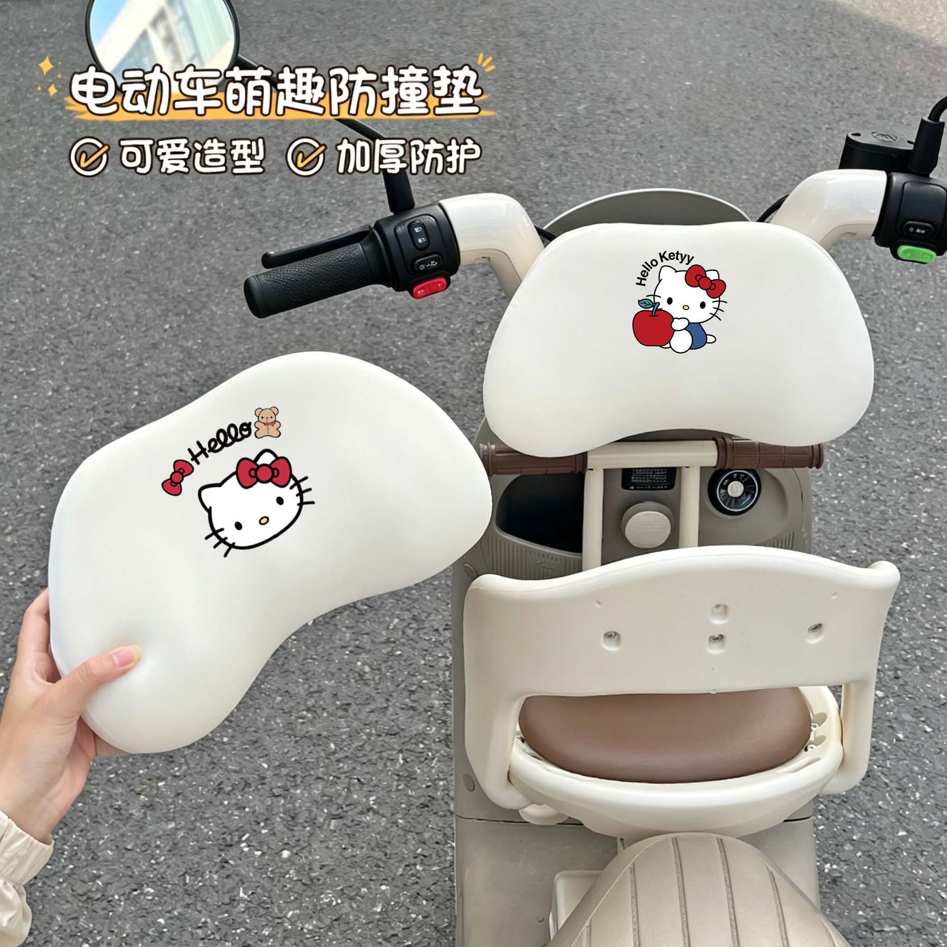 Electric scooter head protection pad, a creative and practical solution to prevent bumps and collisions for children during rides; includes a soft headrest and a rear waist support cushion