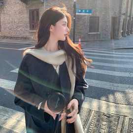 现货新款双面羊毛呢针织帽可脱卸时尚精品女羊毛大衣