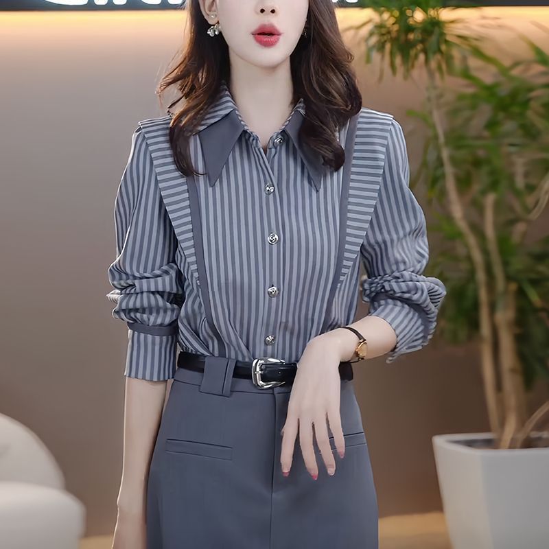 长袖条纹衬衫女士2025早秋季新款时尚减龄气质休闲显瘦设计感上衣|undefined