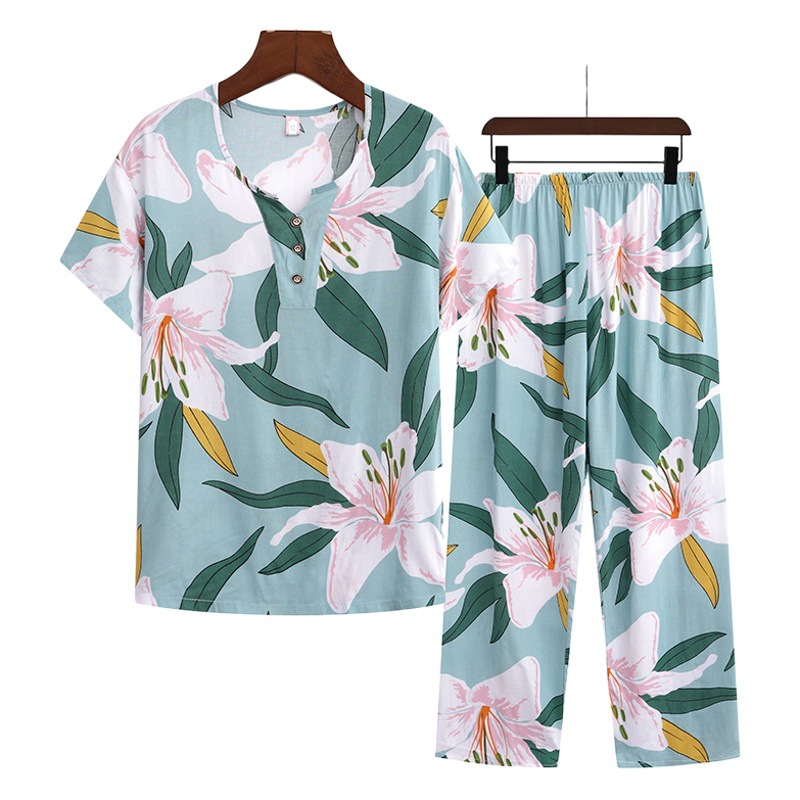 Cotton Silk Pajamas Women's 2023 New Summer Short-sleeved Ankle-length Pants Suit Summer Artificial Cotton Home Clothes for Middle-aged Mothers