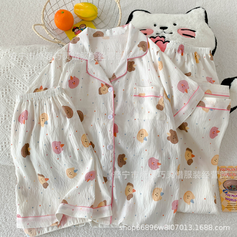 Pajamas de tres piezas de torta de oso para mujeres de verano, pantalones de manga corta, nubes de algodón adorable, viento en 2025 nueva ropa para el hogar