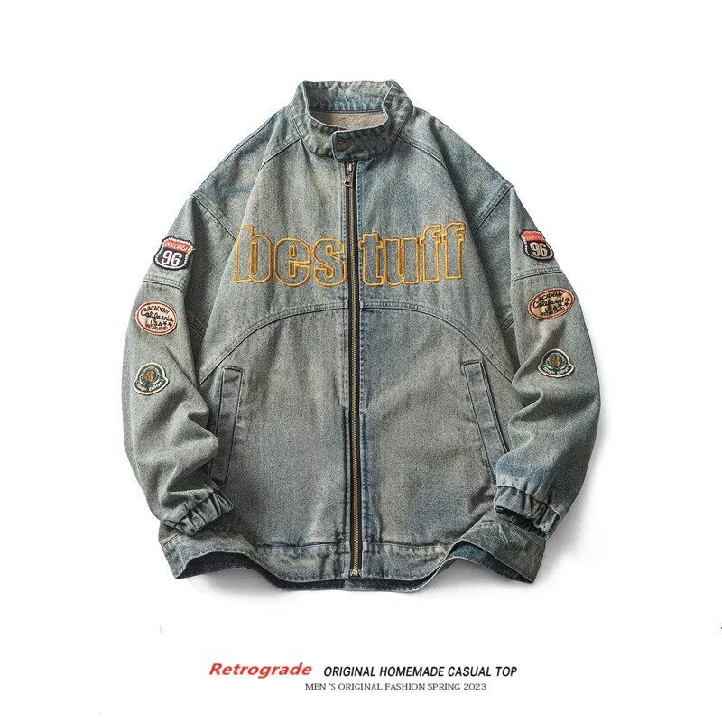 American Retro Denim Clothes Men's Workwear Couple's Commuter Dressed Embroidered Denim Jacket Locomotive Style Clothes