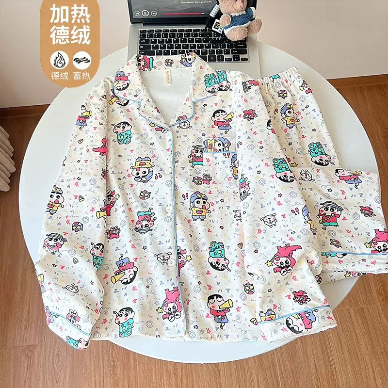 实体店直播爆款秋冬睡衣女德绒开衫翻领长袖长裤卡通家居服套装