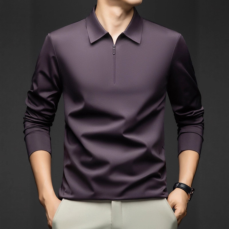 Autumn Long-Sleeved Men's Seamless Polo Shirt Pure Color Business Casual Lapel Zipper Collar Casual Bottoming Shirt T-Shirt