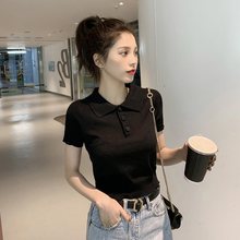夏季新款韩版黑色Polo领冰丝针织衫女修身短袖T恤泫雅风短款上衣