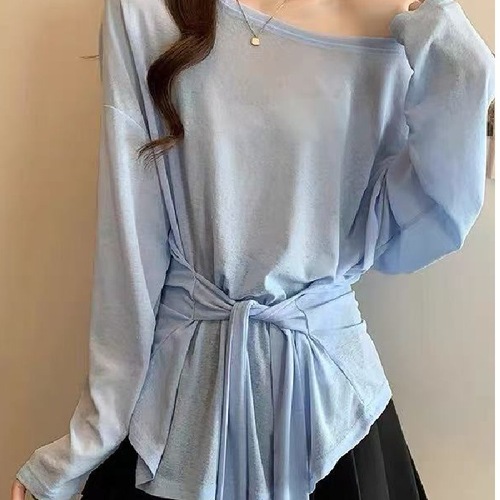 Korean-style design tie-waist long-sleeve T-shirt for women, summer thin version sunscreen cover-up, elegant off-shoulder and diagonal shoulder top