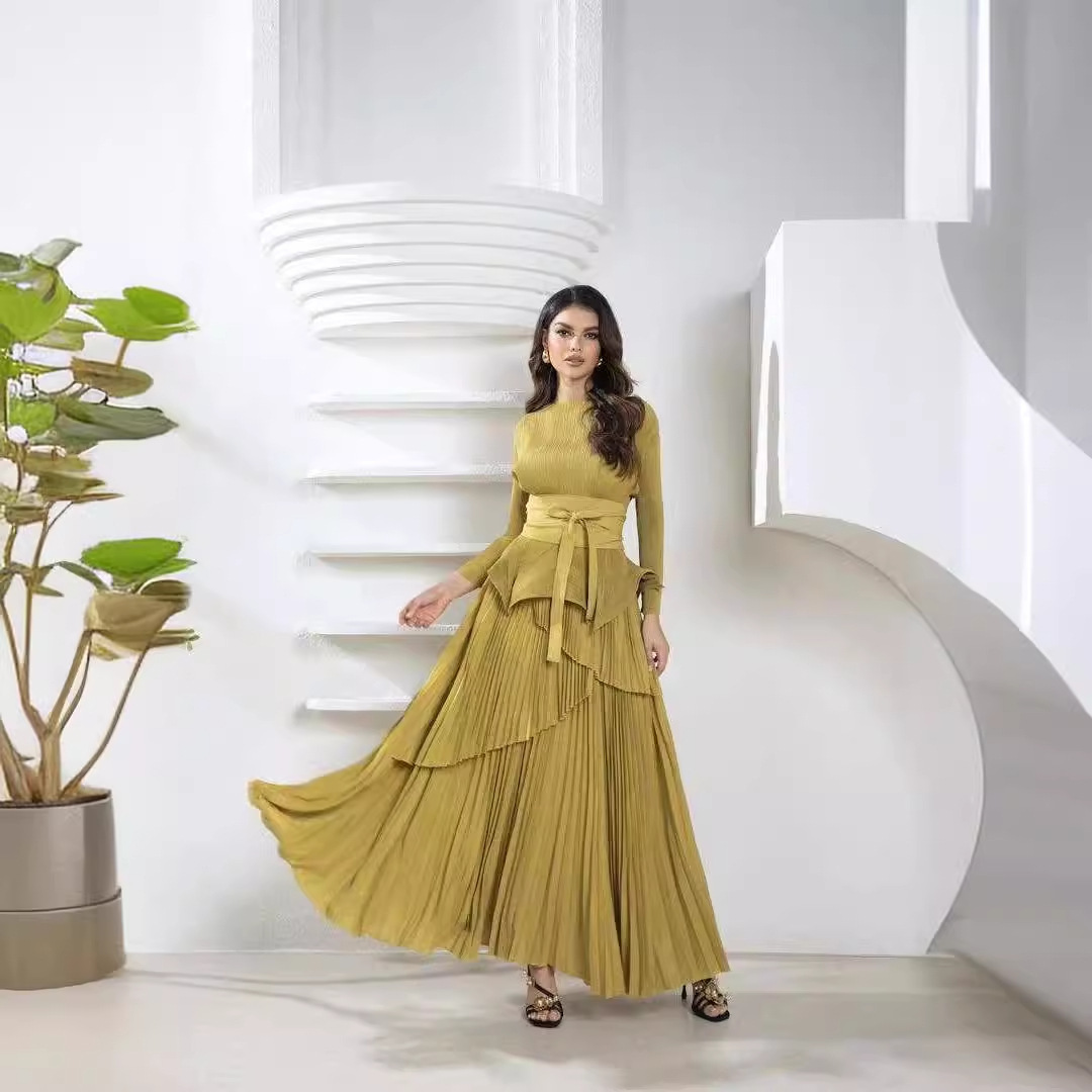 Vêtements pour femmes grande jupe cravate plissée taille haut costume deux pièces vêtements pour femmes automne nouvelle couleur unie_voghion.com
