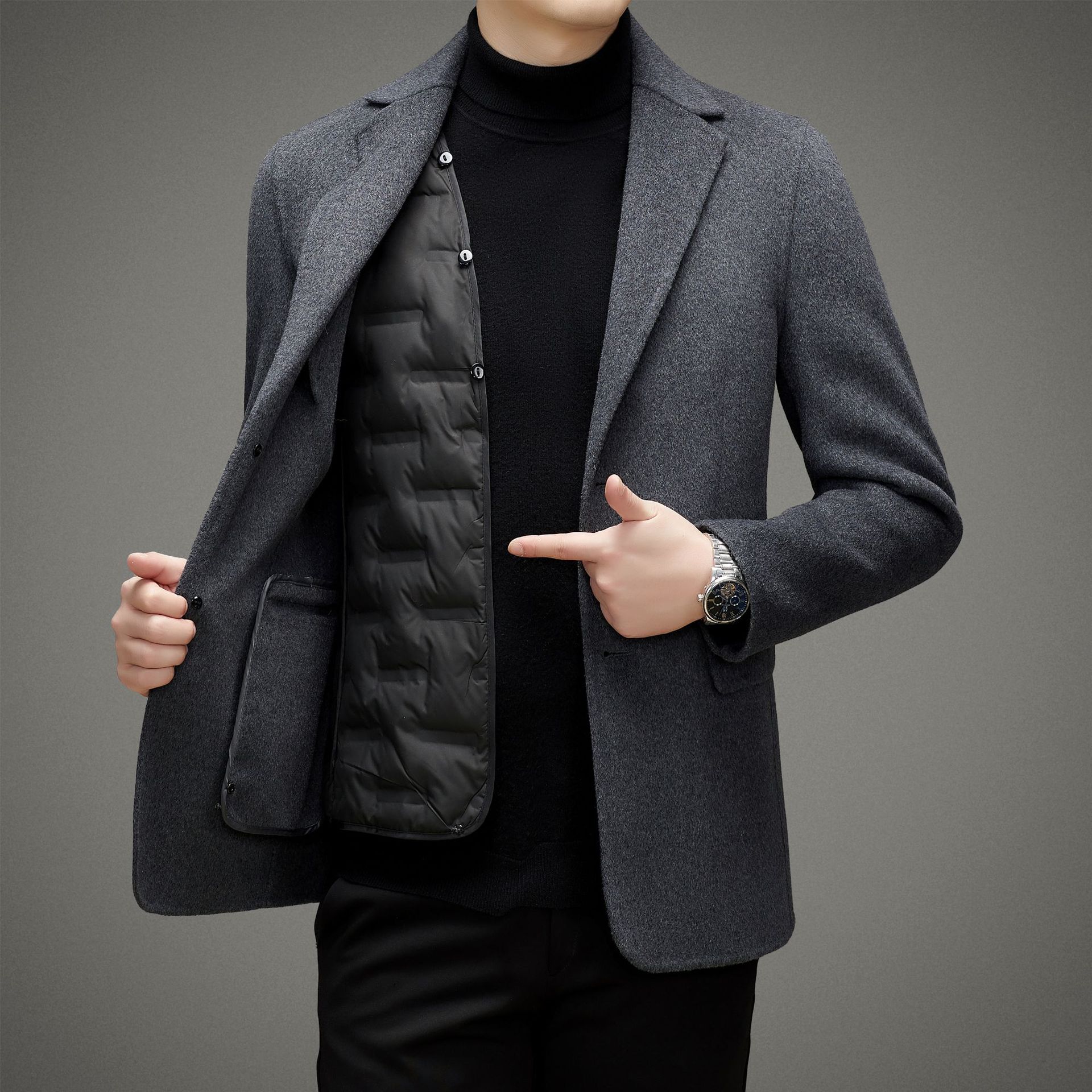 woolen double-sided men's winter long woolen coat with down for…