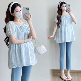 2025 Summer New Pregnant Women's Shirt Elegant 3D Three-dimensional Printing Elegant Fashion All-match Short-sleeved Pregnant Women's Top