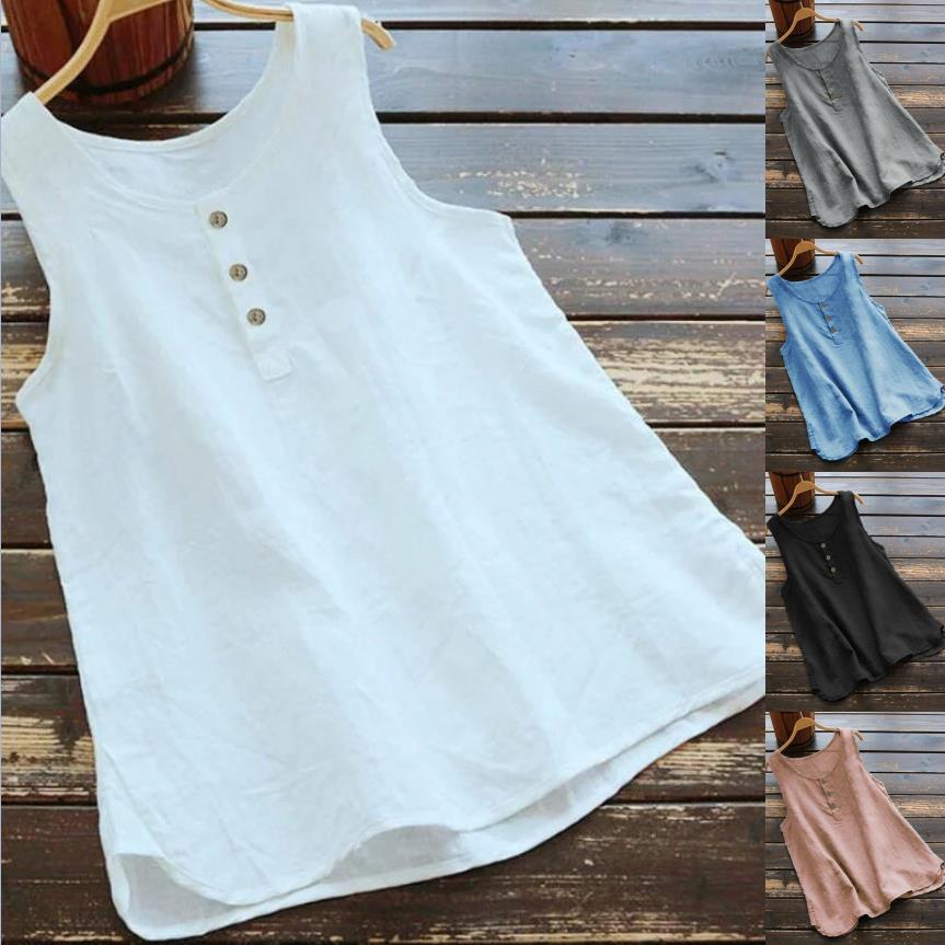 2023 Summer New wish Amazon ebay European and American Solid Color Round Neck Loose Casual Vest Cotton and Linen Shirt Women