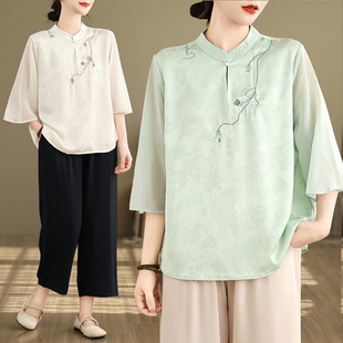 Real Shot of New Chinese Style Mother's Summer Suit 2025 New Chinese Style Jacquard Top Two-Piece Set for Middle-Aged and Elderly Women
