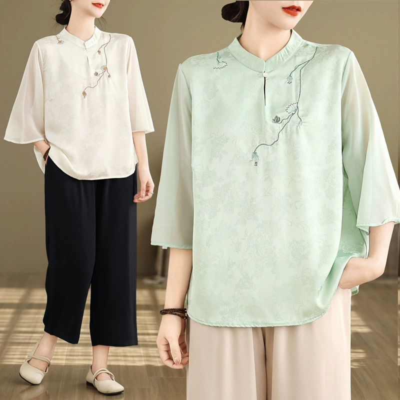 Реальный снимок нового летнего костюма в китайском стиле для мамы 2025 года, новый китайский жаккардовый топ, комплект из двух предметов для женщин среднего и пожилого возраста