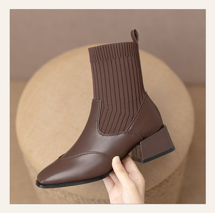 Women's Ankle Boots French Retro Square Toe Thick Heel Mid Calf_voghion.com