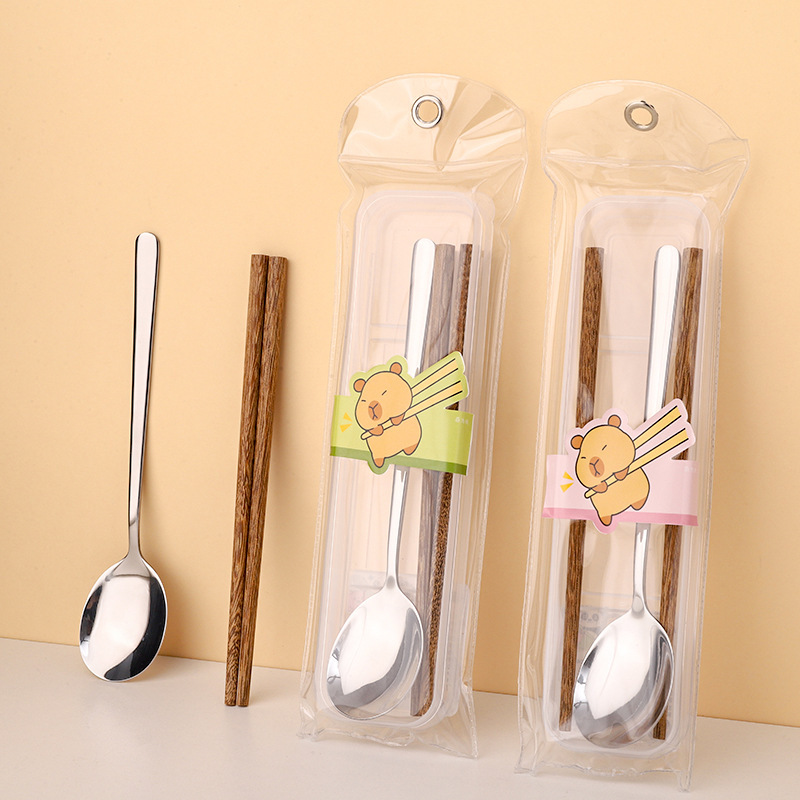 新しいカピバラ食器セットかわいいイルカステンレス鋼スプーンと箸 2 点セットポータブル衛生食器|undefined