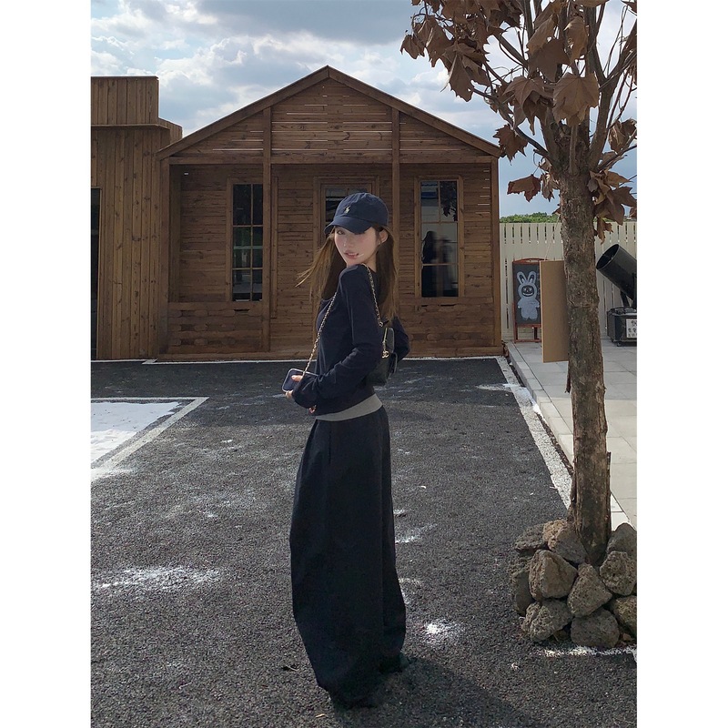 纯欲辣妹拉链开衫叠穿内搭背心女早秋宽松休闲藏青色阔腿裤两件套|undefined