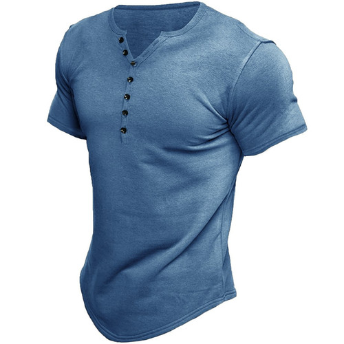 Cross-border Amazon Summer New Foreign Trade European and American Men Henry Shirt Short-sleeve Men Plain Button T-shirt Top