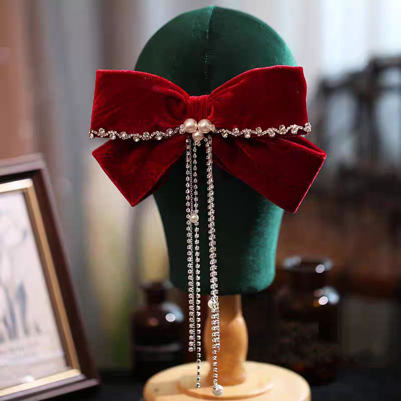 Velvet rojo gran abrazadera de cabello de arco de novia brindis de boda toque de cabeza conjunto de pendientes de compromiso de mujer temperamento de cabello