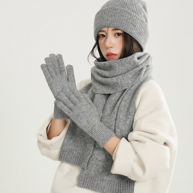 New Solid Color Knitted Thickened Scarf Women's Warm Hat Gloves Three-Piece Set Cold-Proof Warm Soft Neck Warmer Couple