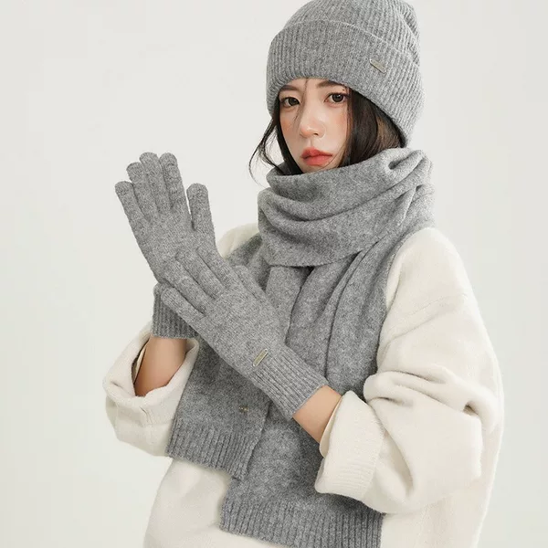 New Solid Color Knitted Thickened Scarf Women's Warm Hat Gloves Three-Piece Set Cold-Proof Warm Soft Neck Warmer Couple