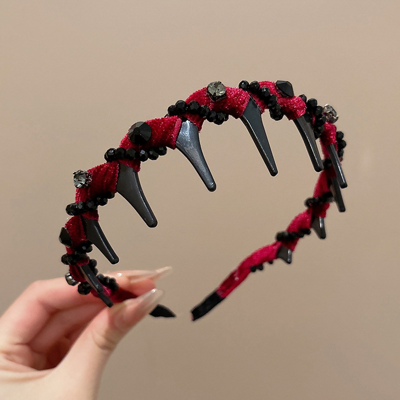 Dulce malla de perlas negras onduladas bandas de cabello para mujeres de alto nivel de sensación de cabello flojo raíz clip de cabello alto cráneo cara pequeña bandas de cabeza