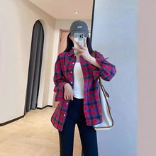 高颜值多巴胺复古红蓝格纹显瘦翻领长袖衬衫外套女2025秋