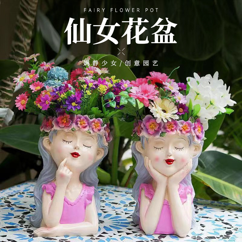 Cross-border Resin Craft Fairy Flower Pot Contemplative Girl Balcony Courtyard Garden Decoration Creative Ornament