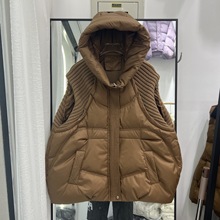跨境秋冬新款羽绒服女马甲短款连帽加厚针织毛线白鸭绒韩版外套潮