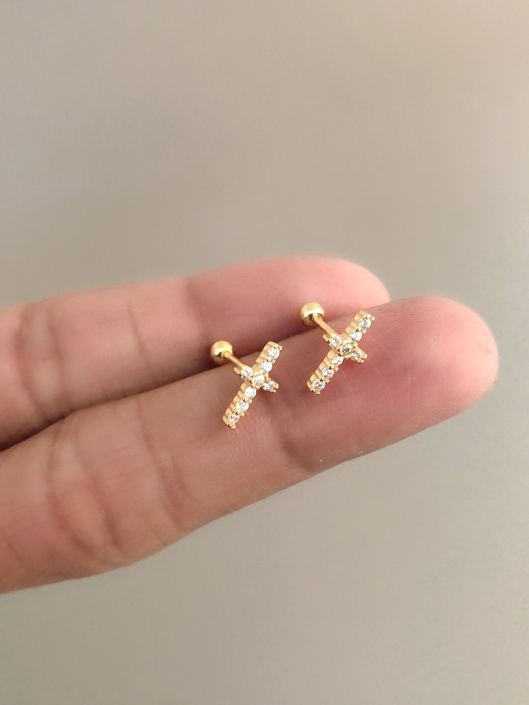 Simple Style Cross Sterling Silver Inlay Zircon Ear Studs 1 Pair