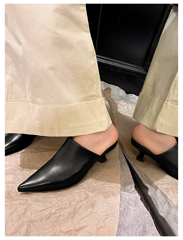 Dép mule nữ da cừu mềm mũi nhọn gót mèo 5 cm — Màu đen chi tiết 33