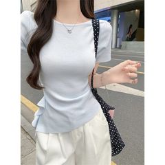 ニット不規則なフリルウエスト半袖Tシャツ女性用夏デザインホットガールユニークなスリムフィットトップ