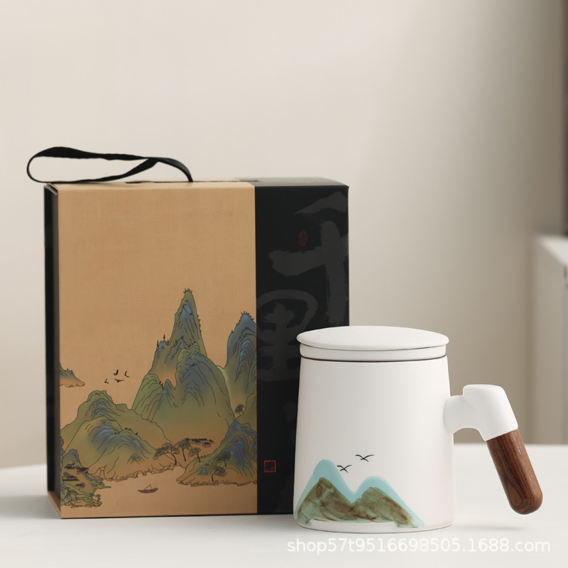 Taza de cerámica Jiangshan set de regalo de taza de marca de filtro de taza de agua de negocios de talla LOGO publicidad al por mayor