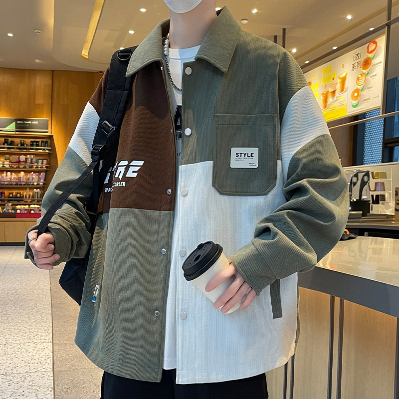 Contrast Color Stitching Coat Men's Spring and Autumn New Shirt Jacket Men's Trendy Brand Loose plus size Teenagers Upper Clothes