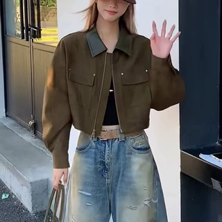 复古翻领麂皮绒短外套女2026秋季新款小个子时尚百搭休闲夹克上衣
