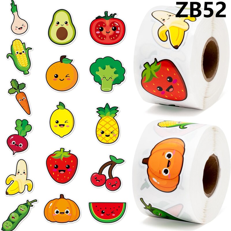 500 Colorfulful Fruit and Vegetable Smiley Face Self-Adhesive Kidsren's Strawberry Banana Watermelon Orange Pumpkin Reward Stickers