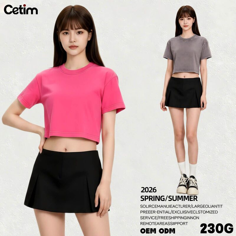 Vintage washed pure cotton T-shirt, sexy cropped top with exposed midriff, distressed American style top, trendy brand for hot girls, direct factory sale for cross-border e-commerce