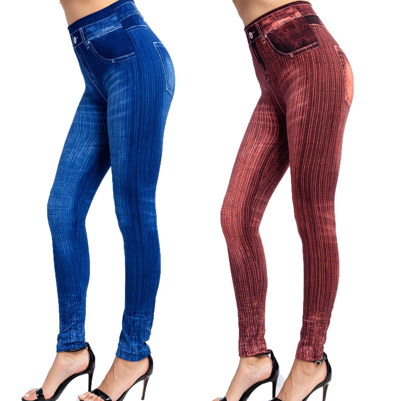 Cross-border explosions wish hot autumn new vertical stripe imitation denim leggings slim hip ankle pants
