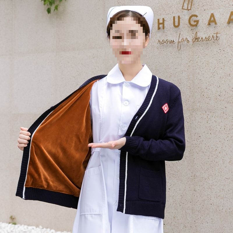 Nurse Sweater Cardigan for Women, Fleece-Lined and Thickened, Navy Blue Knitwear for On-Duty Personnel, Suitable for Nursing Uniforms