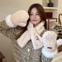 压花手套女冬季加绒加厚保暖围脖两件套卡通可爱包指挂脖围巾防风