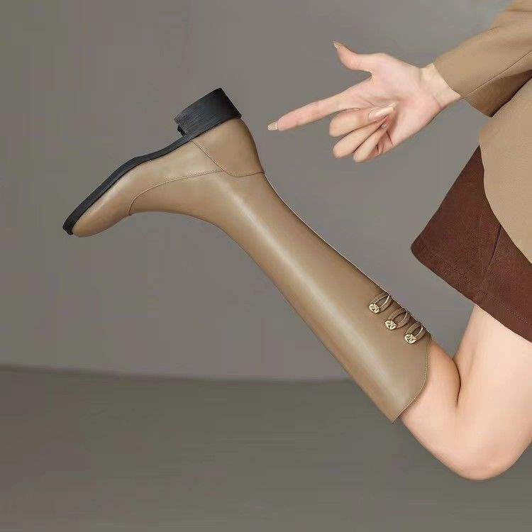 Autumn and Winter French Retro Soft Leather Long Boots for Women, Below the Knee, Flat Sole, Round Toe, Side Zipper, Knight Boots, Chunky Heel, High Boots Autumn and Winter French Retro Soft Leather Long Boots for Women, Below the Knee, Flat Sole, Round Toe, Side Zipper, Knight Boots, Chunky Heel, High Boots