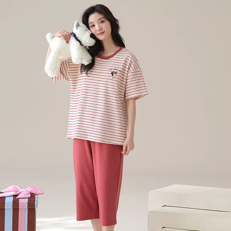 Summer cute trousers, pijama, tie with a round collar, top with cups, with short sleeve, simple and elegant design