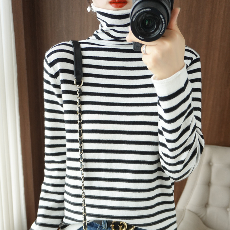 Cotton Thread Curling Pile Collar Knitted Sweater Women's Autumn and Winter New Warm Breathable Striped Base Shirt Simple All-match Sweater