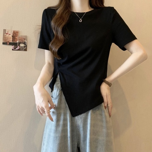 夏季正肩设计感小众抽绳修身短袖女T恤纯欲风辣妹上衣不规则下摆