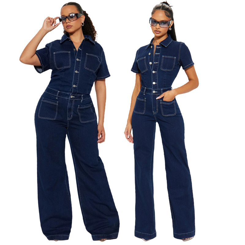 6042 Cross-border Amazon Loose Elastic Flare Wash Water Short-sleeved Denim jumpsuit jumpsuit wide-leg pants 6042 Cross-border Amazon Loose Elastic Flare Wash Water Short-sleeved Denim jumpsuit jumpsuit wide-leg pants