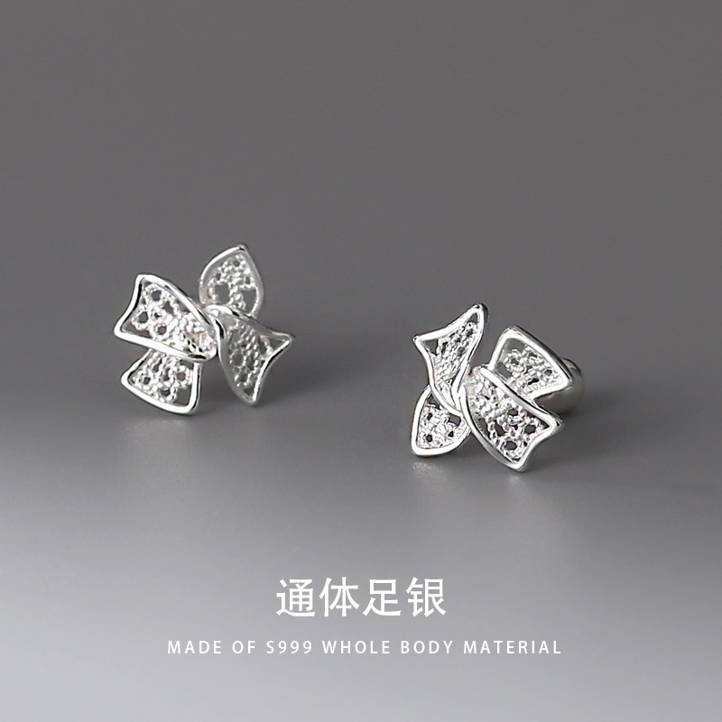 S999足銀縷空蝴蝶結耳釘女氣質優雅耳骨釘螺絲擰扣耳環純銀飾批發