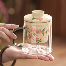 工厂手绘桃花朵朵玻璃泡茶杯办公室茶水分离杯子大容量马克杯带盖