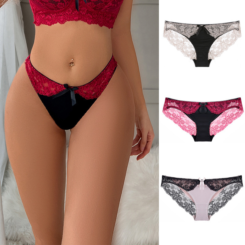 Sexy Lace Color Contrast Comfortable Women's Briefs European and American Hollow Transparent Ice Silk Bikini Panties Sexy Lace Color Contrast Comfortable Women's Briefs European and American Hollow Transparent Ice Silk Bikini Panties