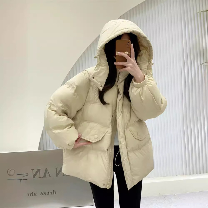 2025 New Winter Clothing Korean Style Hooded Waist down Jacket Women's Mid-Length Casual Loose Thickened Duck down Jacket Trendy