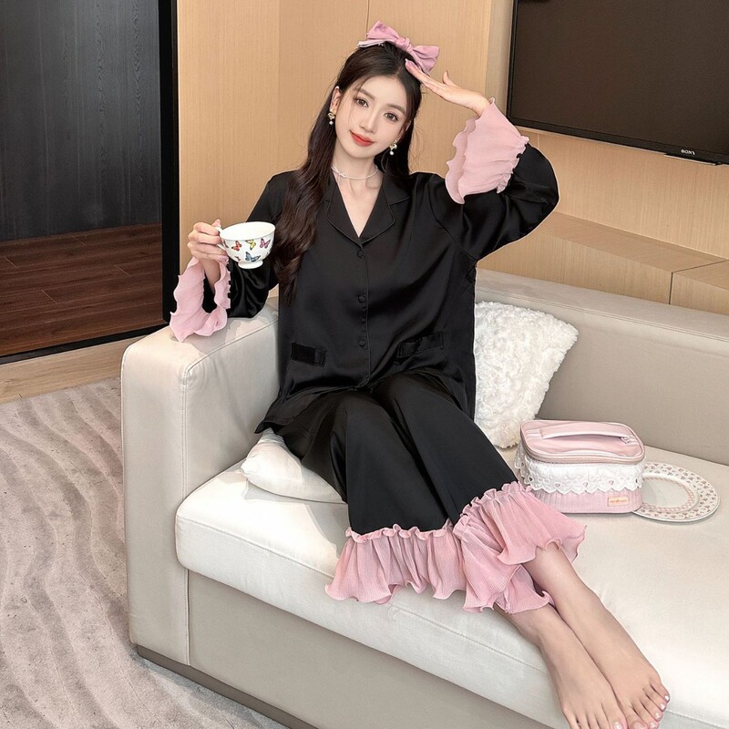 Ice Silk Pajamas for Women, Summer Wearable Ruffled Loungewear 1173