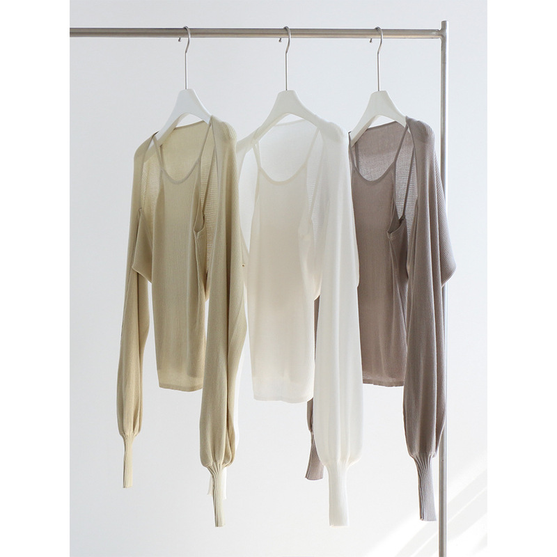 Spring and Summer 14-stitch Lyocell Pit Knitted Shawl Thin Cardigan Short Waistcoat Women's Top Long-sleeved Lazy New