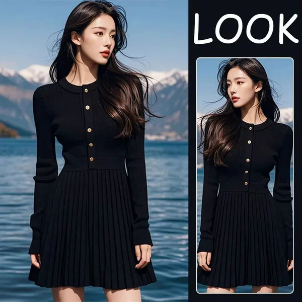 French Design Sense Single-breasted Knitted dress Women's 2024 Fall/Winter New Waisted Slimming Black Pleated Skirt